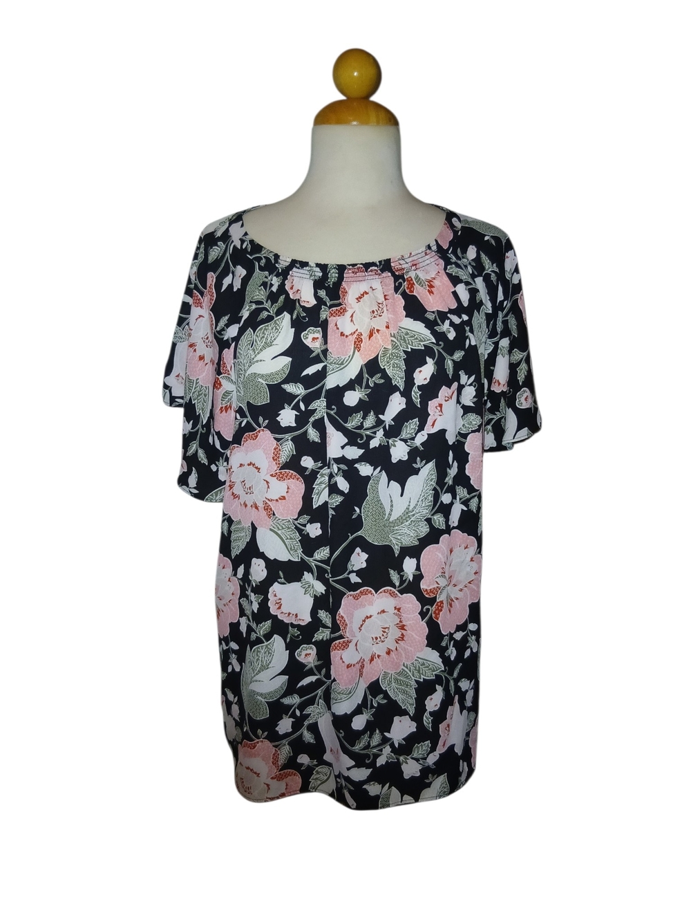 LOFT Black Floral Blouse with Pink Blooms Size Large
